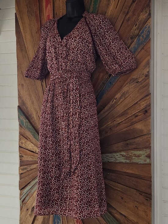 Ba&sh Robe Kama in Bordoax silk/viscose a-line textured flowy Dress Sz 2 - Picture 4 of 16